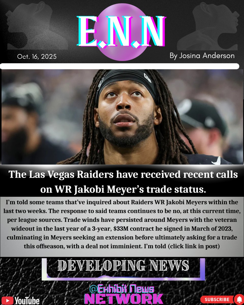 JosinaAnderson's tweet photo. I'm told teams have made recent inquiries on #Raiders WR Jakobi Meyers within the last two weeks, per league sources.

Full article, for more: https://t.co/3P3eQLb7sM https://t.co/KzjcqOFzSh