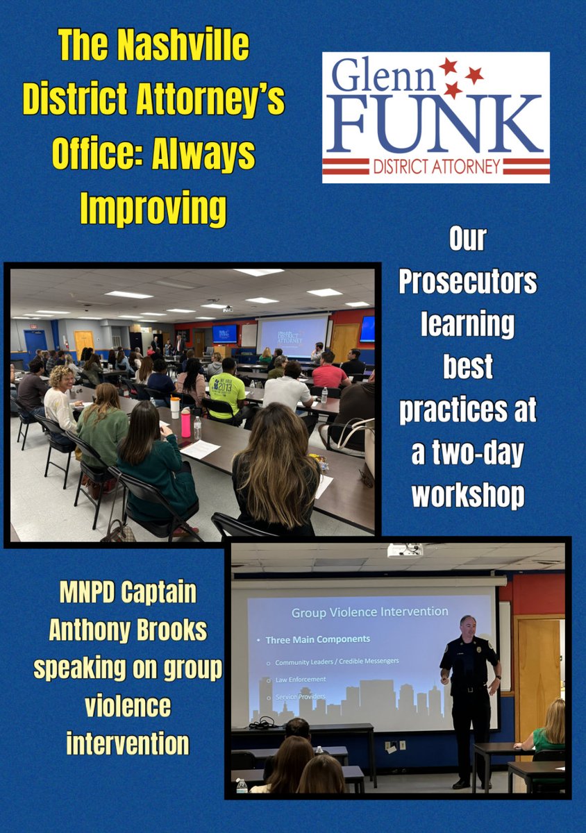 Each year, our prosecutors attend a two-day workshop, learning  the latest techniques and best practices for successful prosecutions.  This morning’s session from MNPD Captain Anthony Brooks on Group Violence Intervention was excellent.  <a href="/MNPDNashville/">Metro Nashville PD</a> <a href="/TNDAGC/">Tennessee District Attorneys General Conference</a>