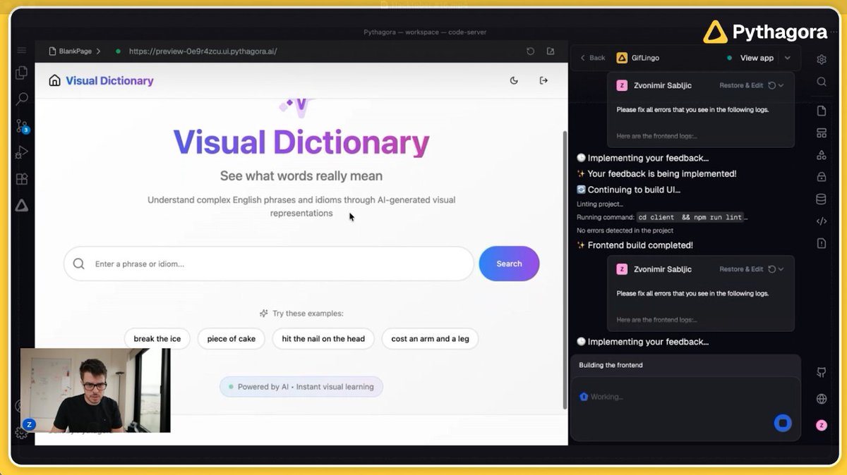 PythagoraAI's tweet image. For our first live stream with @digitalocean
we picked one of the community-submitted app ideas: Visual Dictionary powered by AI.
The goal? Make English phrases instantly understandable through pictures.