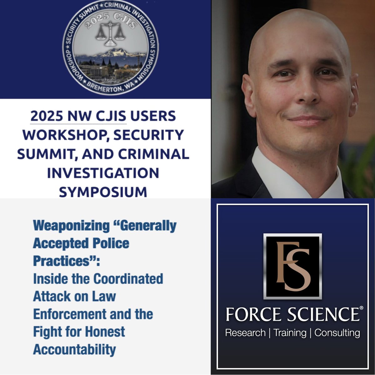 We’re in Bremerton, WA this week for the 2025 NW CJIS Users Workshop, Security Summit, and Criminal Investigation Symposium!

Force Science Chief Consulting and Communications Officer Von Kliem delivered a powerful and thought-provoking keynote on one of the most critical topics