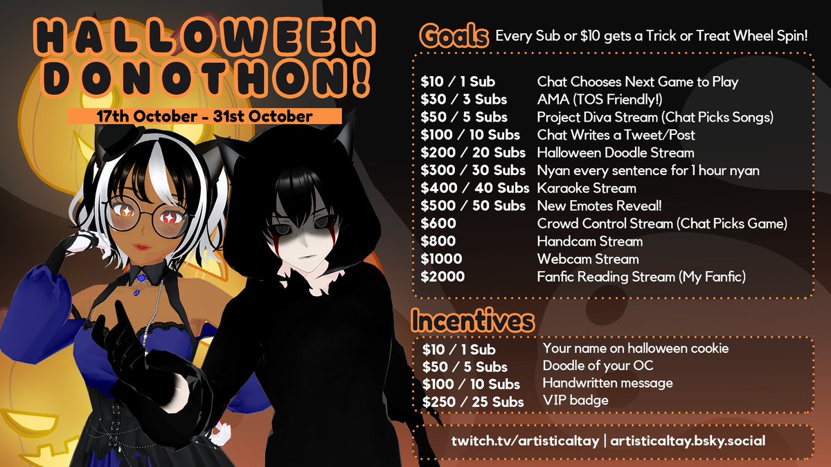 Tay here to proudly announce my evil plans!!!  
We're going to host a Halloween Donothon starting tomorrow (10/17), going all the way through to the day of horrors itself!  

Join us tomorrow at 4PM MST to kick off our event with a Phasomophobia stream!  

twitch.tv/artisticaltay