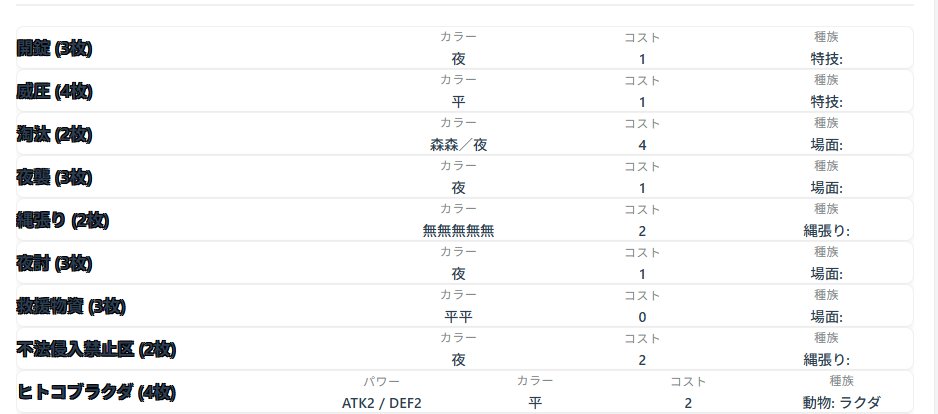 Gagaku_River's tweet image. ACGデッキのCSV (1枚目)
↓
ACGデッキのJSON (TCGSim対応) (2枚目)

に変換するスクリプトを作成

API呼び出し制限で今はデッキ作成出来ないけどいい感じ

#ACG_TCG
#アニマルカードゲーム 
#TCGSim
