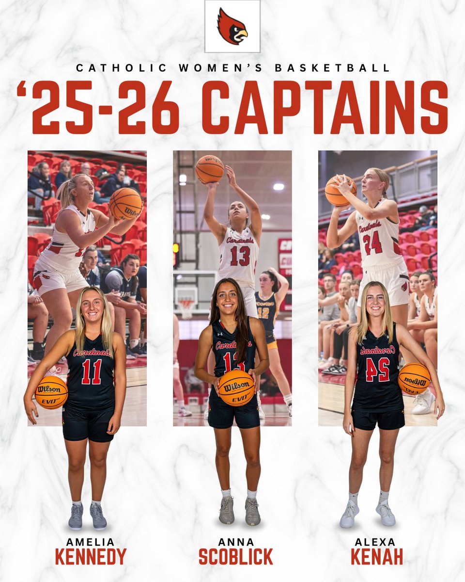 Your ‘25-26 Women’s Basketball Captains! 🤩
•
#11 Amelia Kennedy | #13 Anna Scoblick | #24 Alexa Kenah 
•
These three bring a variety of leadership styles to our team! As a group they’re able to relate to each individual &amp; push our squad on the hardwood. Congratulations! 🥳