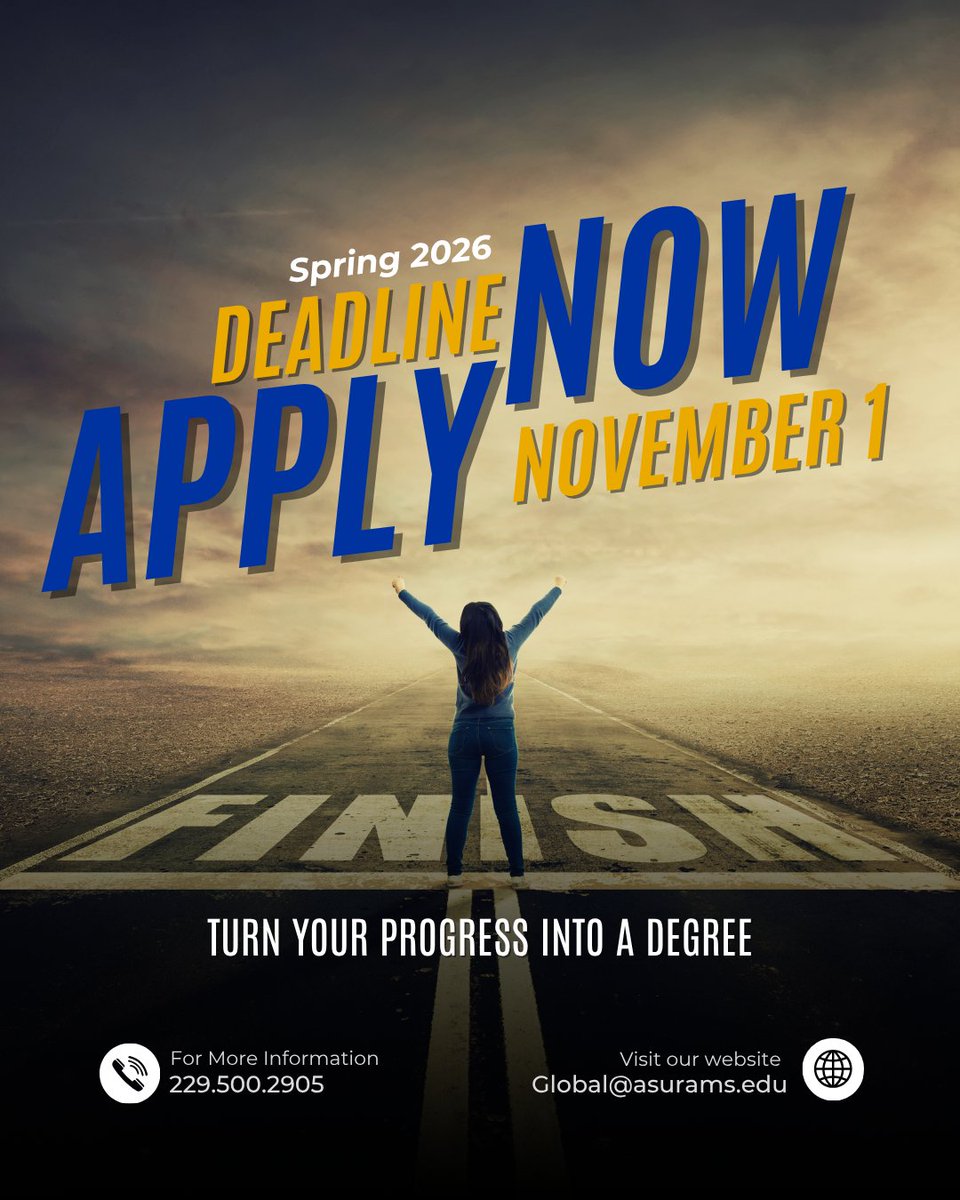 ASURamsGlobal's tweet image. Your goals didn’t expire, they just paused. Pick up where you left off with ASURams Global. Transfer your credits and apply by November 1 for the Spring 2026 semester. global.asurams.edu

#FinishWhatYouStarted #TransferToASU #ASURamsGlobal #AlbanyStateUniversity