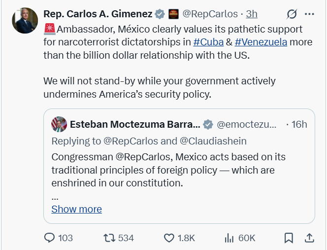 Dr. Ghaleb Krame (@ghalebkrame) on Twitter photo 🔎.<a href="/RepCarlos/">Rep. Carlos A. Gimenez</a> is absolutely right. You can’t claim partnership with the United States while funding and legitimizing narco-authoritarian regimes in Cuba and Venezuela. Mexico’s so-called “non-intervention” policy has become a diplomatic cover for complicity — shielding 🔎.<a href="/RepCarlos/">Rep. Carlos A. Gimenez</a> is absolutely right. You can’t claim partnership with the United States while funding and legitimizing narco-authoritarian regimes in Cuba and Venezuela. Mexico’s so-called “non-intervention” policy has become a diplomatic cover for complicity — shielding