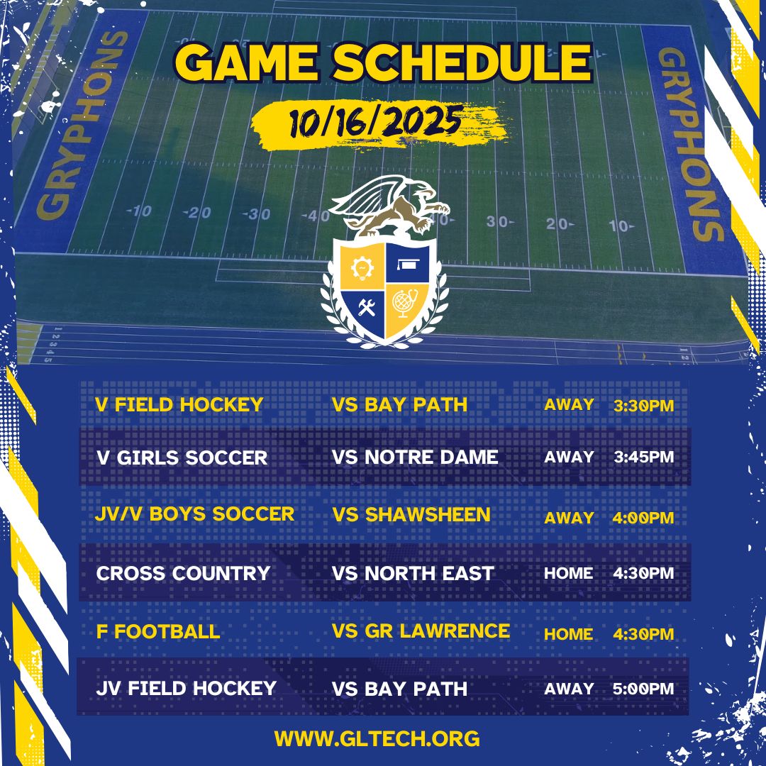 Game Day!
Varsity Field Hockey vs Bay Path (Away) 3:30
Varsity Girls Soccer vs Notre Dame (Away) 3:45
JV/V Boys Soccer vs Shawsheen (Away) 4:00
Cross Country  vs NorthEast (Home) 4:30
Freshman Football vs GR Lawrence (Home) 4:30
Junior Varsity Field Hockey vs Bay Path (Away) 5:00