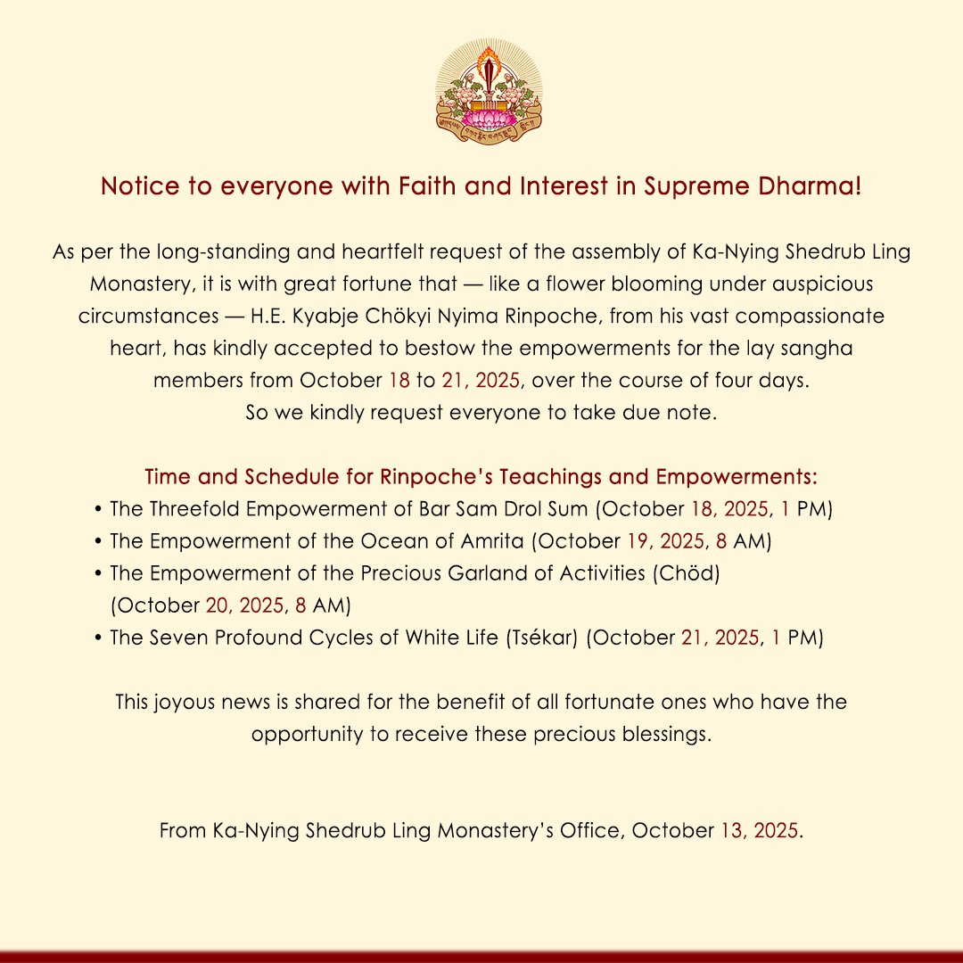 TaraTripleExcel's tweet image. Our beloved teacher, H.E. Chokyi Nyima Rinpoche, will bestow Outer Tara Empowerment at Ka-Nying Shedrub Ling monastery in Nepal on October 18 at 1:00 pm as part of the Bar-Sam-Drol-Sangtik empowerment series (Barche Lamsel - Sampa Lhundrup - Drolma Zabtik). Everyone is welcome.