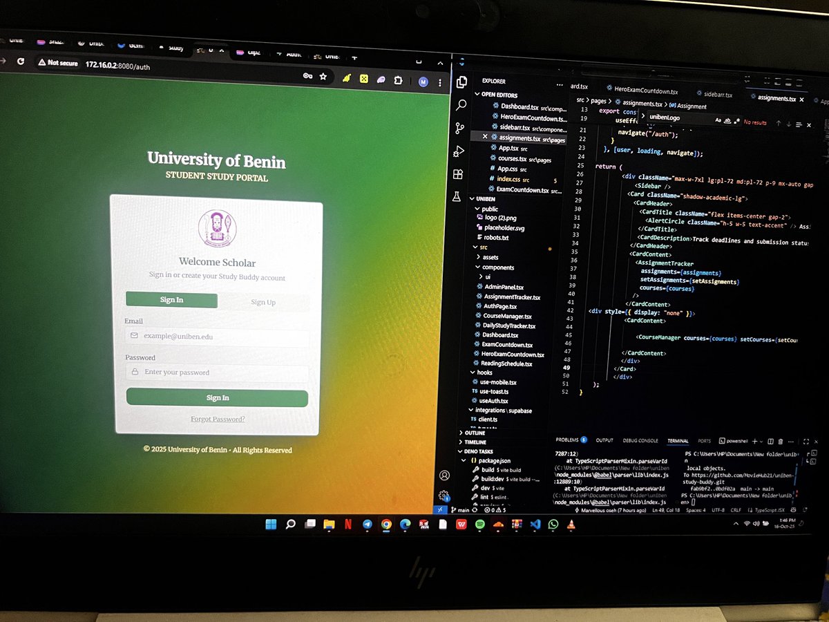 WolfMovieHub's tweet image. Developing a website for UNIBEN student
- They can add courses and it will generate a timetable based on the time set for reading daily.
- Add assignment
- Send email reminder when you haven’t read for that day or have pending assignment #fullstackwebdeveloper #uniben #studying