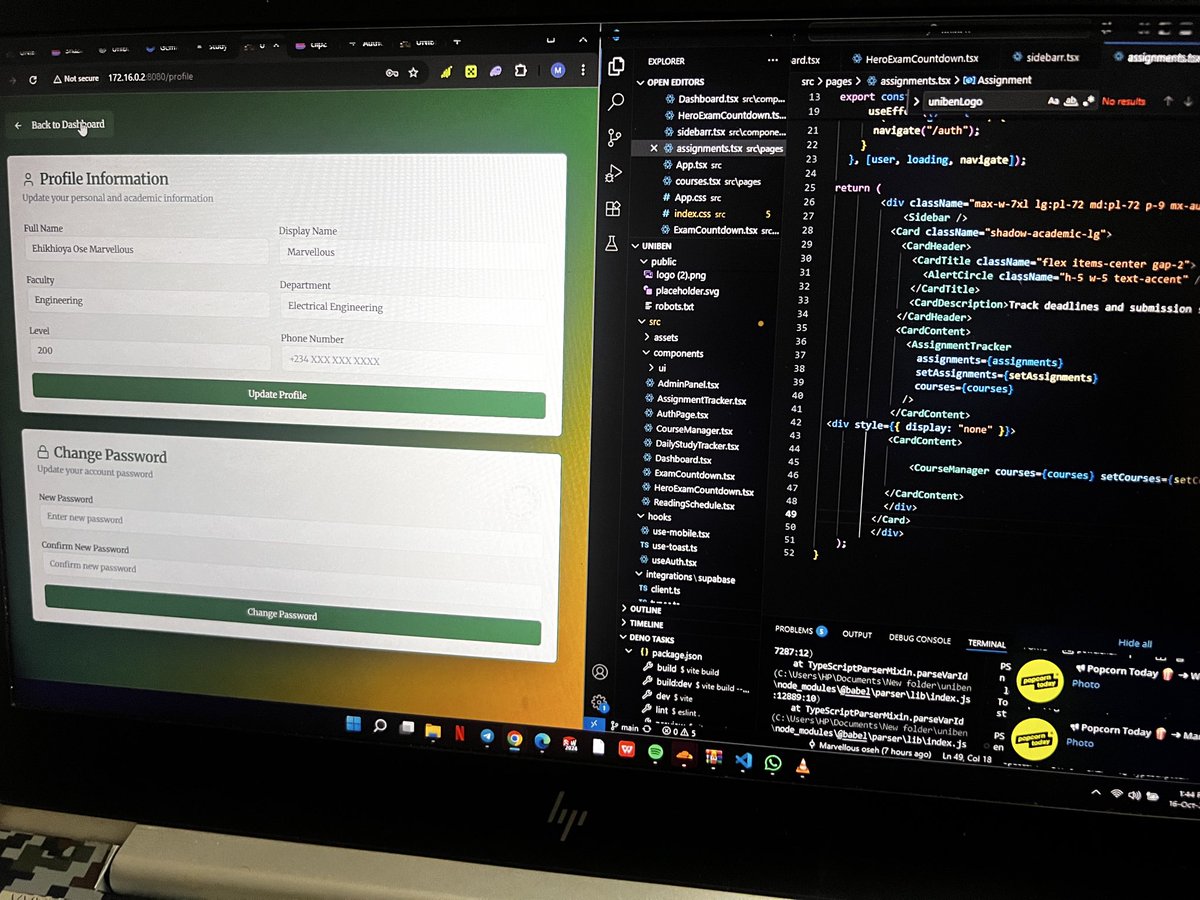WolfMovieHub's tweet image. Developing a website for UNIBEN student
- They can add courses and it will generate a timetable based on the time set for reading daily.
- Add assignment
- Send email reminder when you haven’t read for that day or have pending assignment #fullstackwebdeveloper #uniben #studying