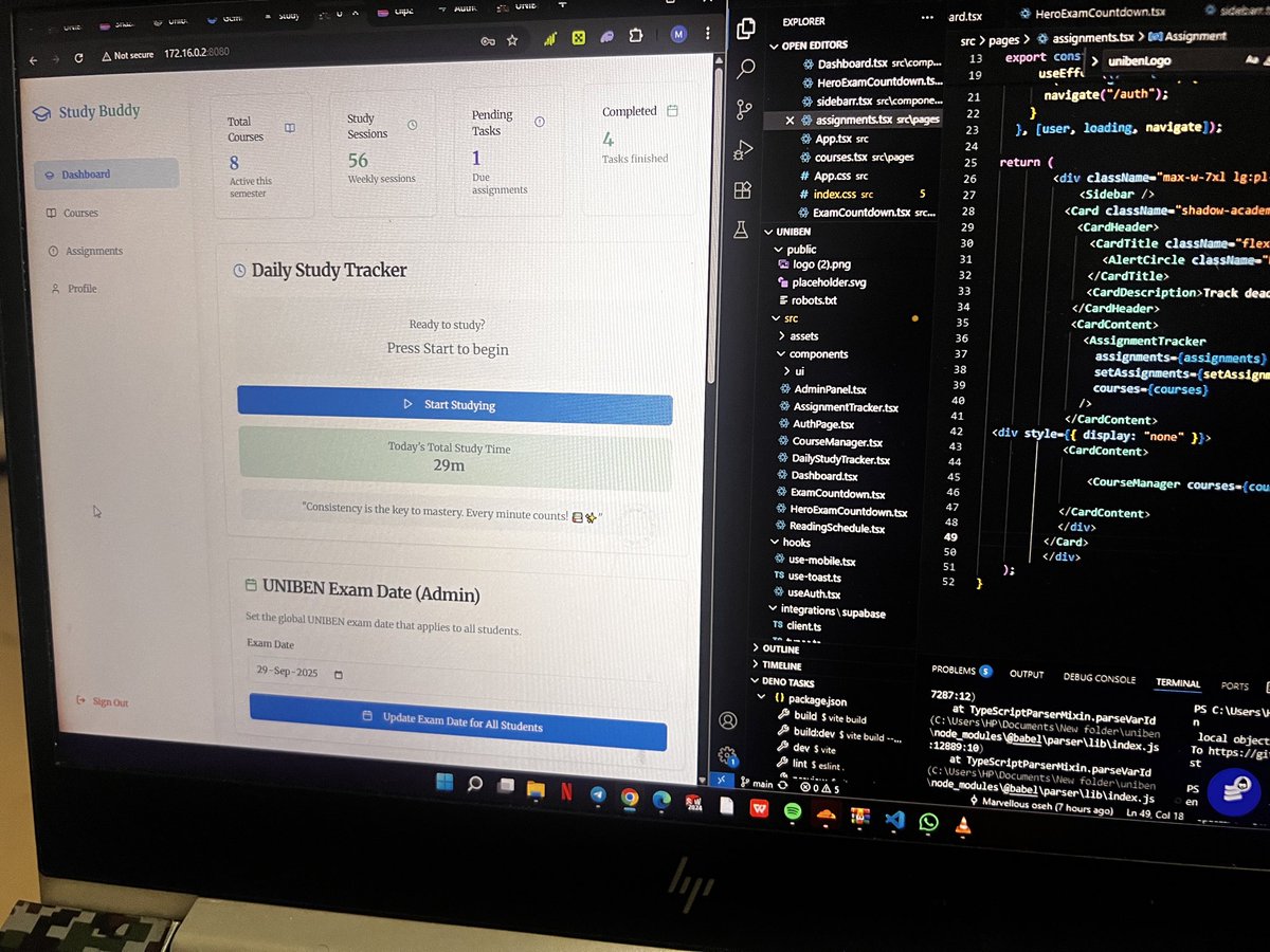 WolfMovieHub's tweet image. Developing a website for UNIBEN student
- They can add courses and it will generate a timetable based on the time set for reading daily.
- Add assignment
- Send email reminder when you haven’t read for that day or have pending assignment #fullstackwebdeveloper #uniben #studying