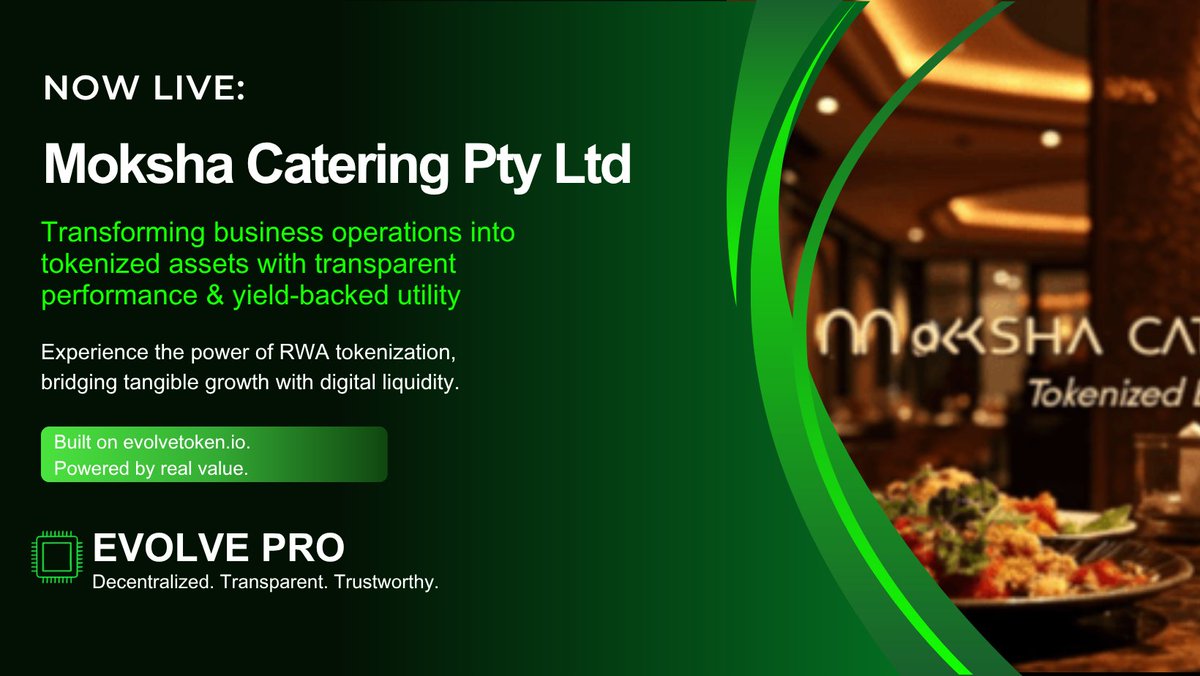 EvolveTKN's tweet image. Meet Moksha Catering Pty Ltd, one of the latest projects featured on the Evolve Pro Marketplace, bringing real-world business expansion into the tokenized economy.

Moksha is revolutionizing the Indian dining experience across Australia with a goal to open 200+ restaurants…