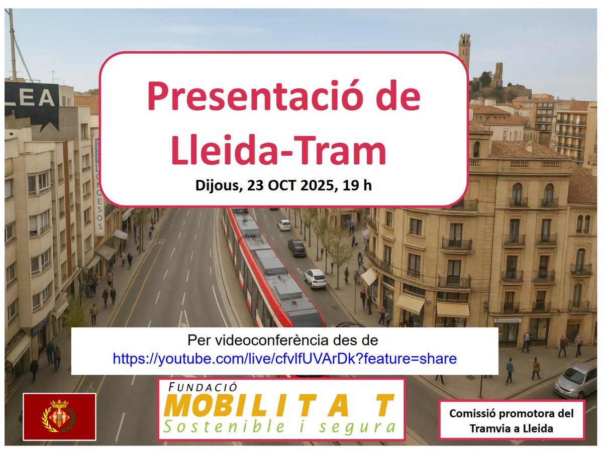 Convidem tothom a escoltar la conferència de presentació del projecte de Lleida-Tram 
Dijous, 23 octubre, 19 h

youtube.com/live/cfvlfUVAr…
<a href="/paerialleida/">Ajuntament de Lleida</a>