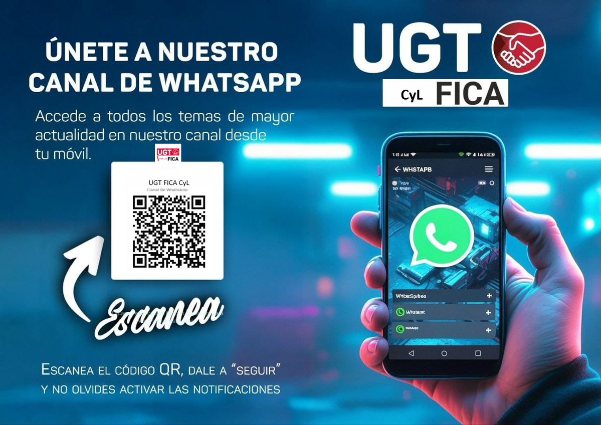 Canal oficial UGT FICA CyL  -Síguenos para acceder a todos los temas de mayor actualidad en nuestro canal desde tu móvil.   -Compartiremos noticias, acuerdos, calendarios laborales e información de interés.

Sigue el canal de UGT FICA CyL en WhatsApp: whatsapp.com/channel/0029Va…