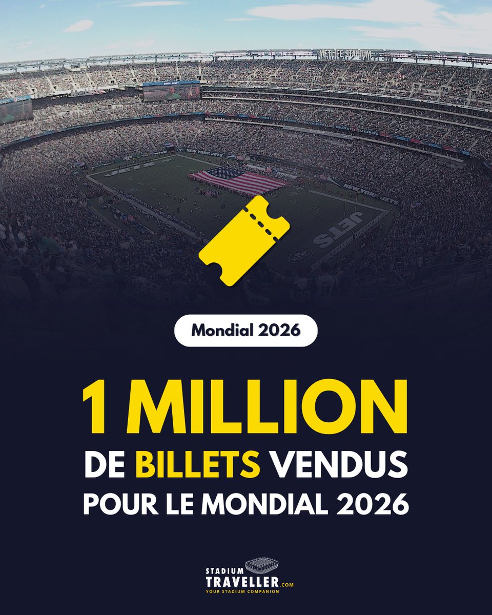 🎟️ 1 million de billets ont été vendus pour la Coupe du Monde 2026 🏆

Ces tickets ont été vendus lors de la 1ère prévente réservée aux cartes VISA.

🆕️ Nouvelle phase de vente le lundi 27 octobre, il faut s'inscrire dès maintenant sur la billetterie en ligne de la FIFA.