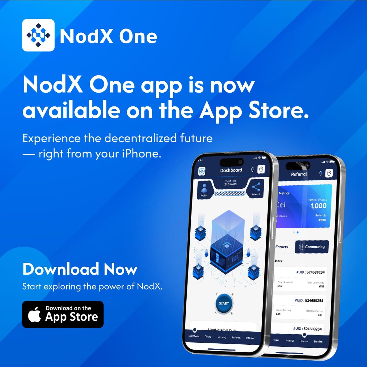 DeNodxlabs's tweet image. 🚀 BIG ANNOUNCEMENT! 🚀

📱 NodX One-The DePIN Tech App is now LIVE on iOS! 🔥

Experience the future of Free Earning Technology, where innovation meets real rewards. 

Download now and start your journey with the power of NodX DePIN! 
apps.apple.com/in/app/nodx-on…

#NodXOne #NowOniOS