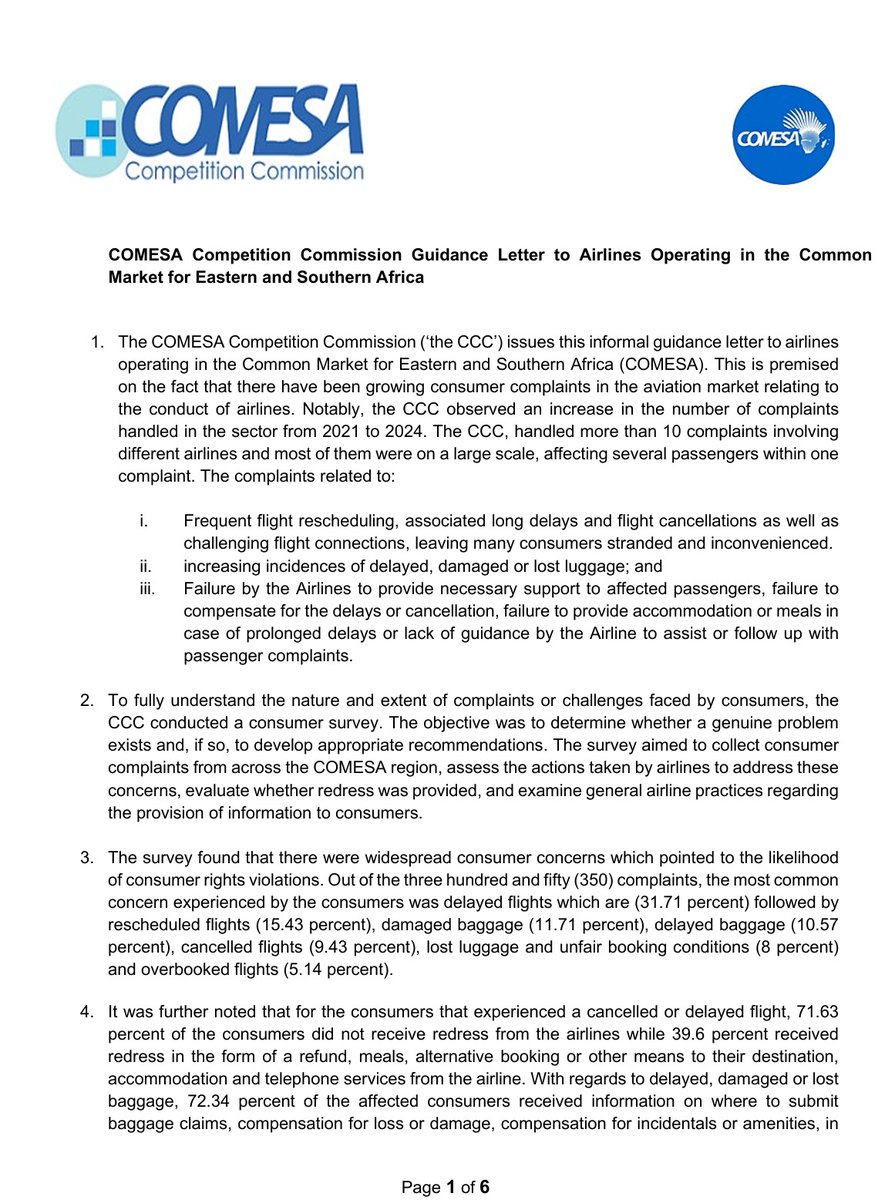 CCCC_COMESA's tweet photo. #CCC has published a Guidance letter to Airlines operating in the #COMESARegion.
Noting the increase in the number of consumer complaints in the airline industry, the #CCC has issued an informal guidance to airlines with respect to #delayedflights #cancelledflights #overbooking delayed, lost or damaged baggage; right to reimbursement and re-routing. This guidance letter is to all #airlines operating in the 21 countries of the COMESA Region. For full details on the contents of the guidance letter, visit the #CCCWebsite link; https://t.co/ETCluSfYFF
#AfricaCompetition #ConsumerRights #consumerProtection #COMESA #COMESARegion #COMESAMemberStates #aviation #AviationNews #lostbaggage #damagedbaggage #delayedbaggage #reroutedflight #airlinereimbursement #Burundi #Comoros #Djibouti #DRC #Egypt #Eritrea #ESwatini #Ethiopia #Kenya #Libya #Madagascar #Malawi #Mauritius #Rwanda #Seychelles #Somalia #Sudan #Tunisia #Uganda #Zambia #Zimbabwe