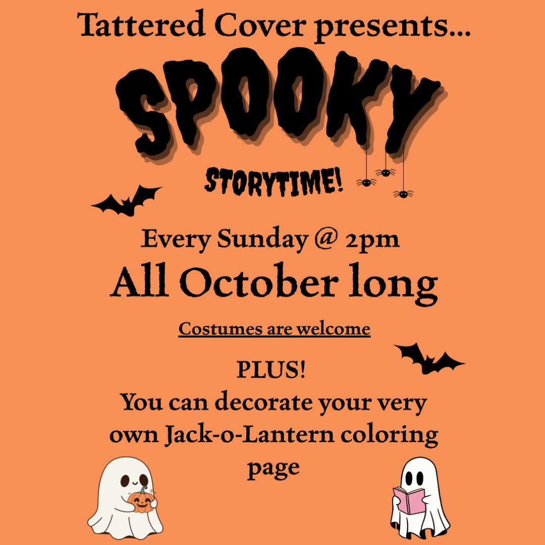AspenGroveCTR's tweet image. 👻 Storytime gets spooky every Sunday @ 2 PM at Tattered Cover Aspen Grove!
Costumes encouraged 🎃 + free coloring pages for kids!
#AspenGrove #TatteredCover #SpookyStorytime