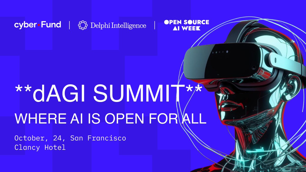 dAGIhouse's tweet image. dAGI Summit – headline event of Open Source AI Week.
Join us on October 24 if you believe that AI should be open for everyone.
📍 Oct 24, San Francisco, Clancy Hotel
Full-day conference with two stages and top speakers in AI: @sgershuni, @ThinkingTokens, @jonathanrraiman,…