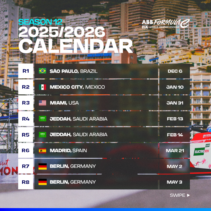 FIAFormulaE's tweet photo. Our calendar for Season 12 is locked in 🔒

Season 12 will see the return of Sanya to our race schedule 👋