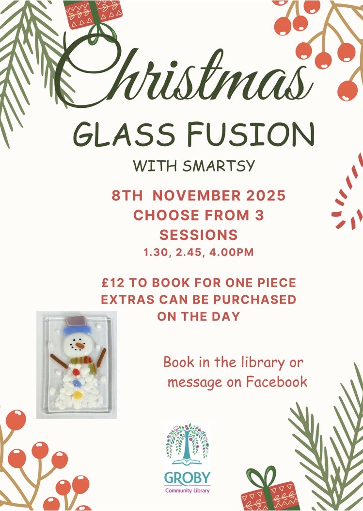 GrobyCLibrary's tweet image. Join us on 8th November for another Christmas themed glass fusion event. Choose from 3 sessions. Only £12. Register in the library or message us on Facebook. Places selling fast!