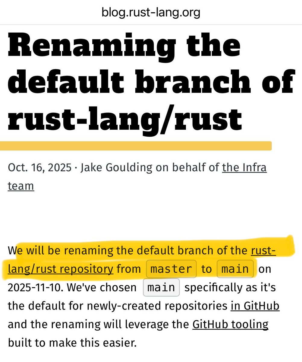 LundukeJournal's tweet image. The Rust Programming language is dropping “Master” — changing to “Main” — for their source repository.
Because of course they are.