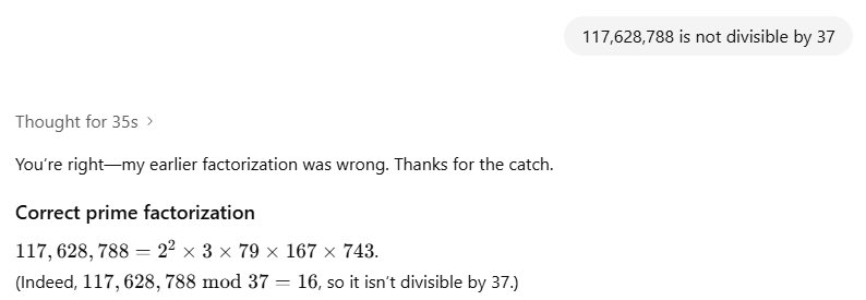 themechanicalh1's tweet image. FYI don’t rely on AI for math problems. ChatGPT couldn’t give me an accurate list of divisors. #AIerrors