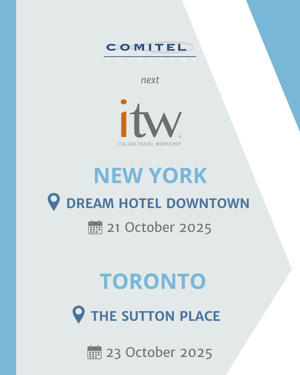 🔜 🇺🇲 🇨🇦 L'ITW by Comitel arriva negli Stati Uniti e in Canada!

Dal 21 al 23 ottobre saremo a #NewYork e #Toronto per due edizioni dell'Italian Travel Workshop dedicate al mercato americano. 

✈️ Ci vediamo in Nord America
