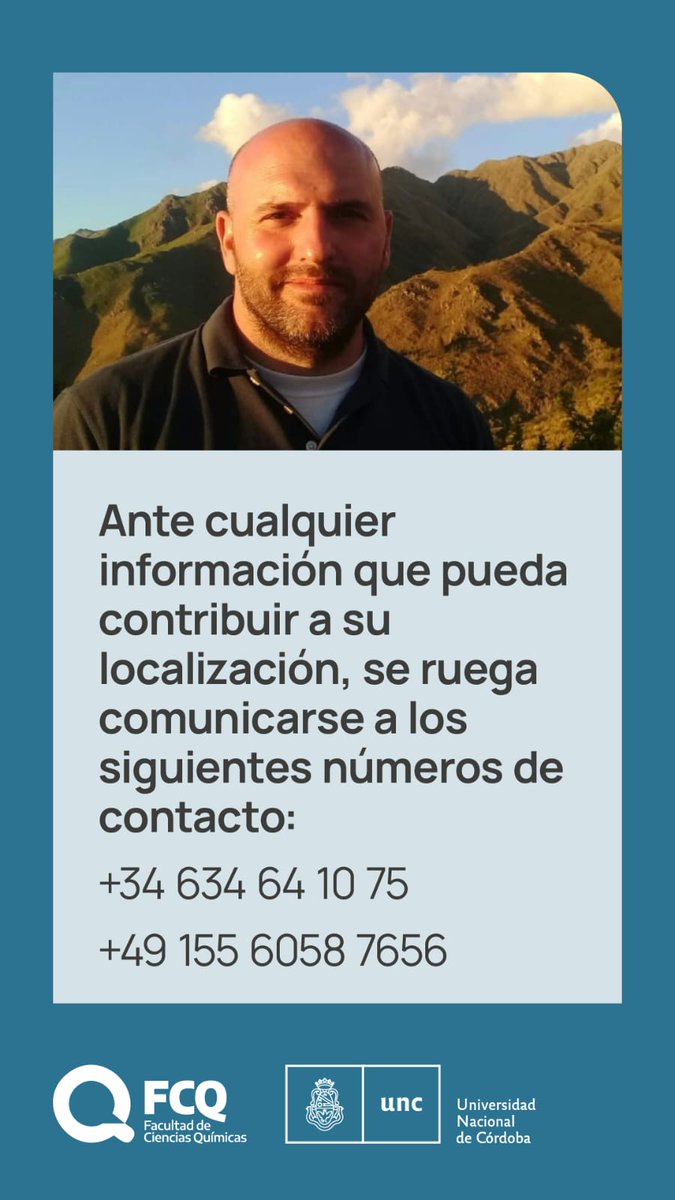 Compartimos contactos para informar sobre el docente investigador Alejandro Matías Fracaroli, del Departamento Química Orgánica - INFIQC, desaparecido en Alemania, desde el 13 de octubre de 2025.