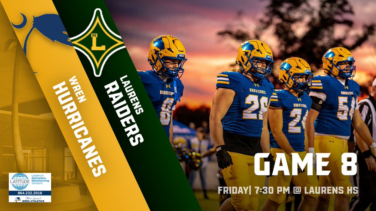 Wren High School (@officialwren) on Twitter photo 🏈 Hurricane Football – Game #8
It’s another big week for Hurricane Football! 🌪️💙💛
Thursday Night:
JV vs. Laurens – 7:15 PM @ Jack King Field (following the Middle School Game)
Friday Night:
Varsity at Laurens – 7:30 PM Kickoff
📍 Laurens High School
🕢 Kickoff: 7:30 PM 🏈 Hurricane Football – Game #8
It’s another big week for Hurricane Football! 🌪️💙💛
Thursday Night:
JV vs. Laurens – 7:15 PM @ Jack King Field (following the Middle School Game)
Friday Night:
Varsity at Laurens – 7:30 PM Kickoff
📍 Laurens High School
🕢 Kickoff: 7:30 PM