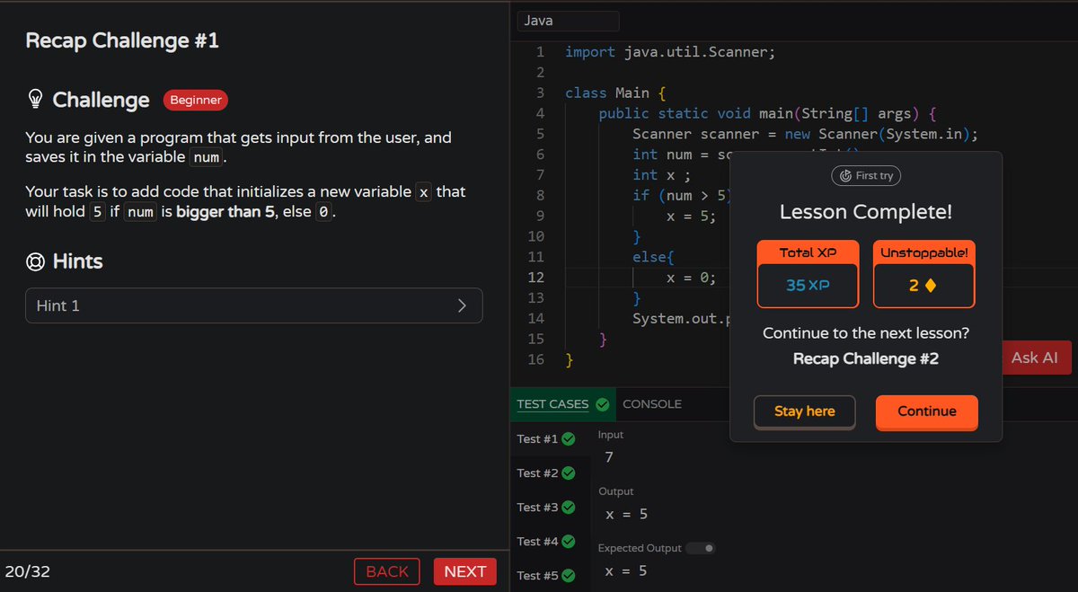 MoniTechCodes's tweet image. Day 73
Java – solved 2 small challenges on if and if-else statements ✅
Logic building, one condition at a time.
#100DaysOfCode #Java #LearningInPublic #CodingJourney #30NitesOfCode
codedex.io/community/30-n…