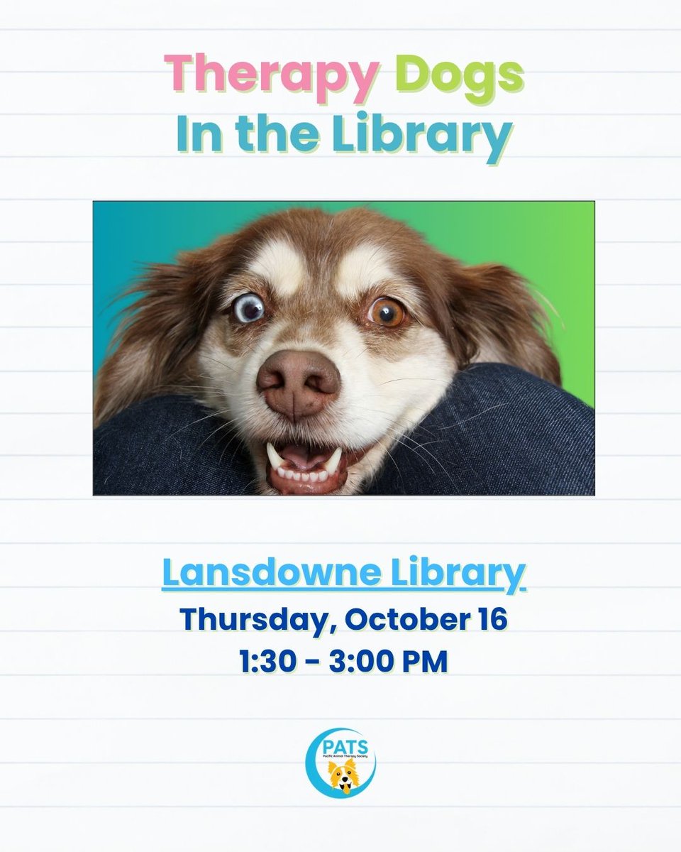 CamosunLibrary's tweet image. 🐾 Therapy Dogs at the Library! 🐶
 Stop by the Lansdowne Library today from 1:30–3:00 PM to meet our friendly therapy dogs! 🐕💕

📍 Lansdowne Library
🕜 1:30 PM – 3:00 PM
📅 Today!