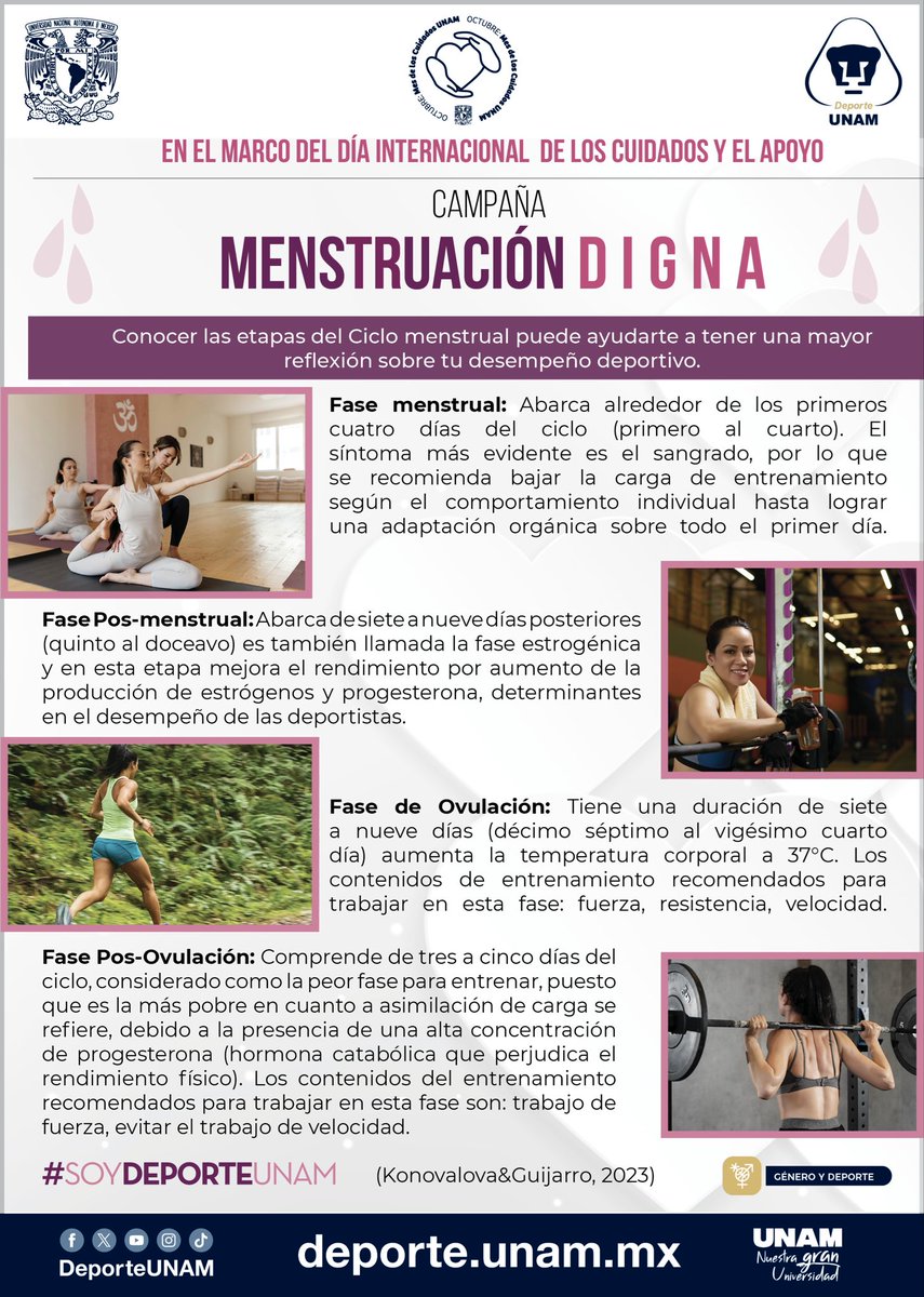 DeporteUNAM's tweet photo. 💫La #MenstruaciónDigna es un derecho fundamental. Implica mucho más que solo insumos: se trata de salud, educación, equidad de género y conciencia social. En el marco del Día Internacional de los Cuidados y el Apoyo, te invitamos a informarte sobre este tema💁🏻‍♀️

#SoyDeporteUNAM https://t.co/EqdS0Z5f7U