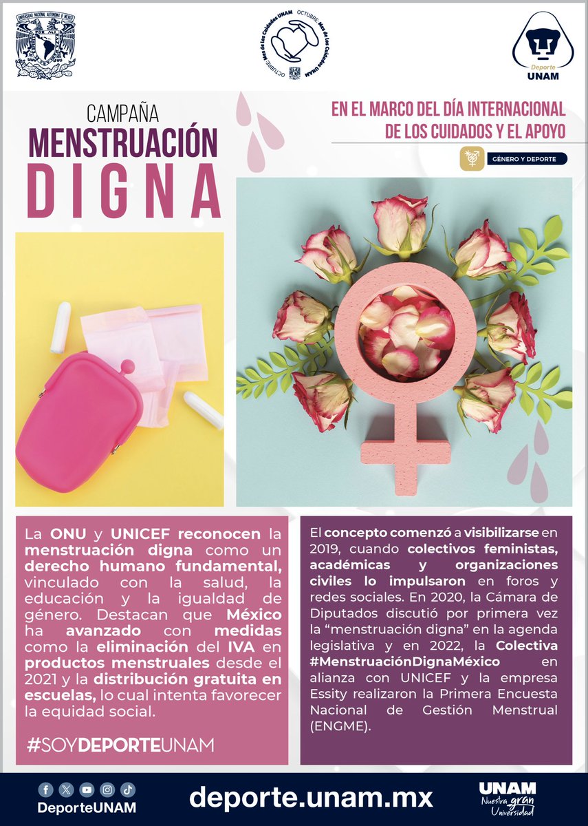 DeporteUNAM's tweet photo. 💫La #MenstruaciónDigna es un derecho fundamental. Implica mucho más que solo insumos: se trata de salud, educación, equidad de género y conciencia social. En el marco del Día Internacional de los Cuidados y el Apoyo, te invitamos a informarte sobre este tema💁🏻‍♀️

#SoyDeporteUNAM https://t.co/EqdS0Z5f7U