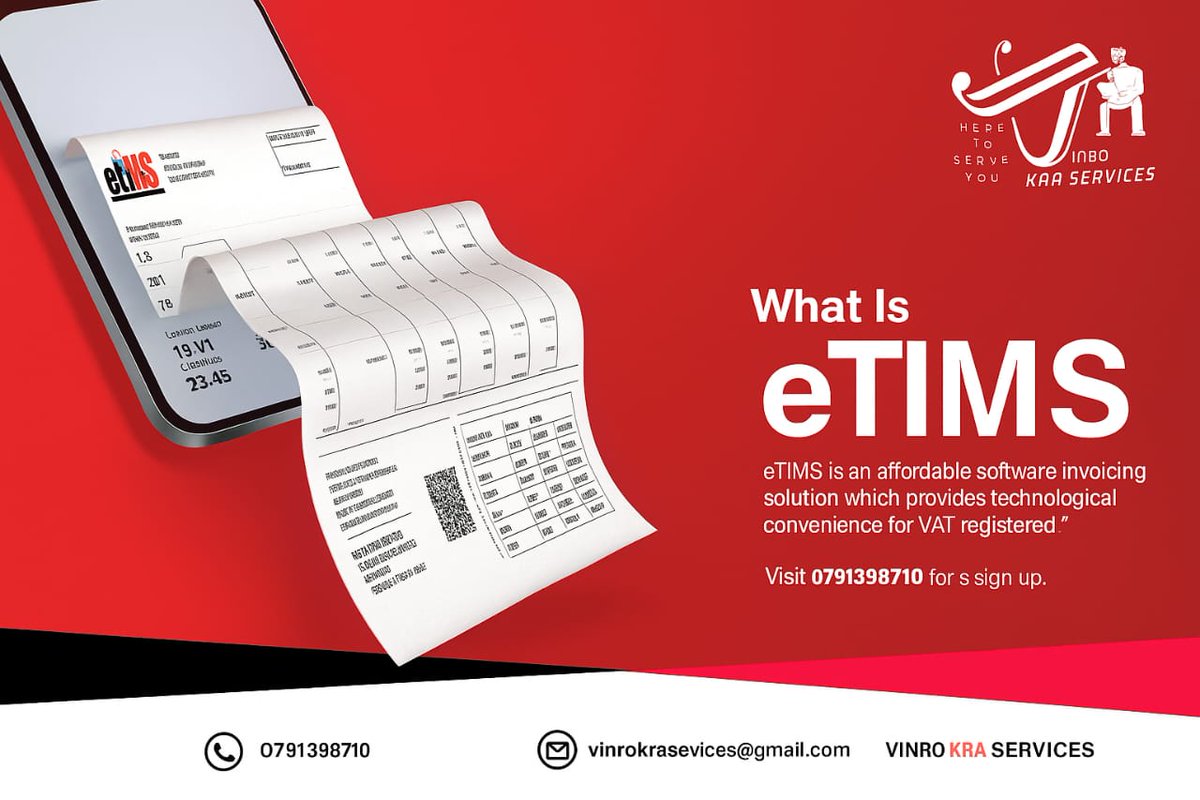 eTIMS compliance made easy!
We help you register &amp; set up eTIMS for your business — stay KRA compliant and avoid penalties.
📞 0791398710 | vinrokraservices@gmail.com
#KRA #ETIMS #TaxCompliance #VinroKRAServices