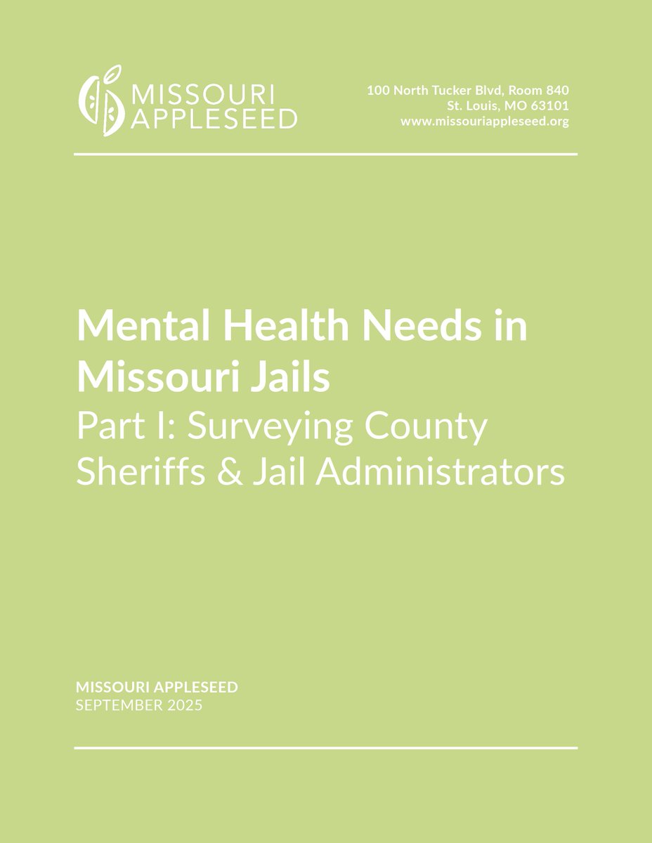 AppleseedNetwrk's tweet photo. NEW REPORT: 1 in 3 Missouri jails say 75% or more of their residents struggle with mental health challenges — far higher than national estimates.

Read Mental Health Needs in Missouri Jails: Part I → https://t.co/KufOY2WYtJ
#Missouri #CriminalJustice #MentalHealth https://t.co/mHYi2t3rEc