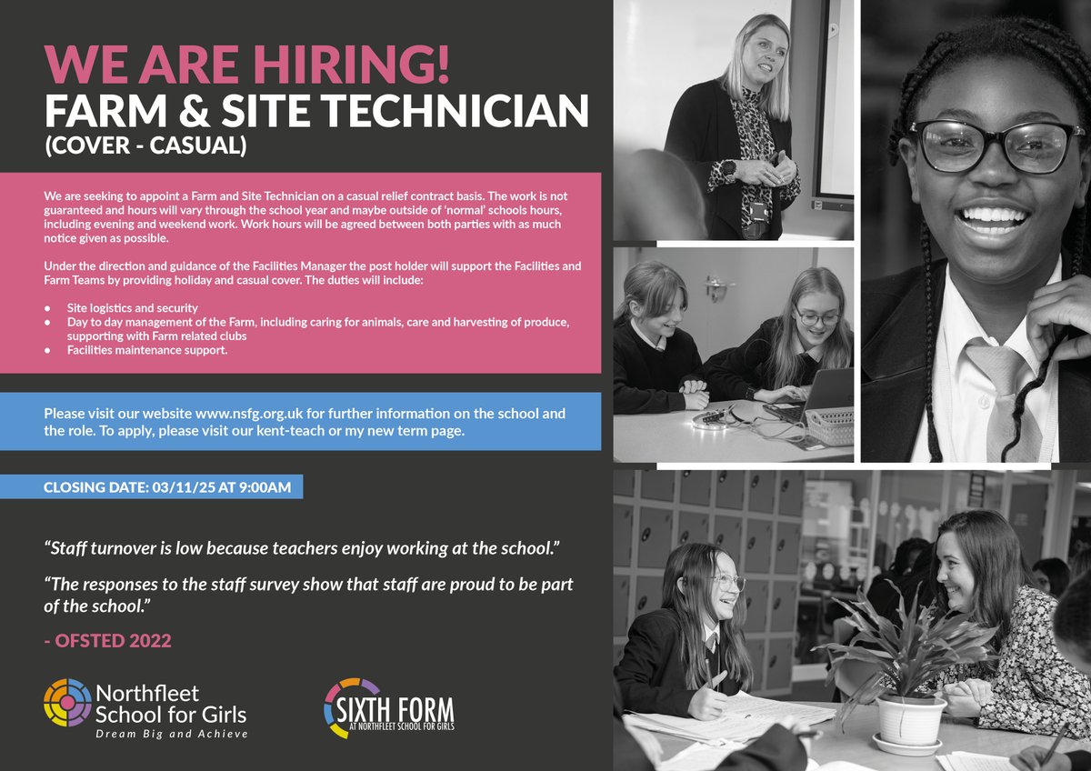 🚨VACANCY - FARM AND SITE TECHNICIAN🚨

We are looking for someone to join our Site Team.

For more details and to apply, visit: kent-teach.com/Recruitment/Va…

#gravesend #ebbsfleet #dartford #northfleet #medway #kentteach #jobsinkent #meopham