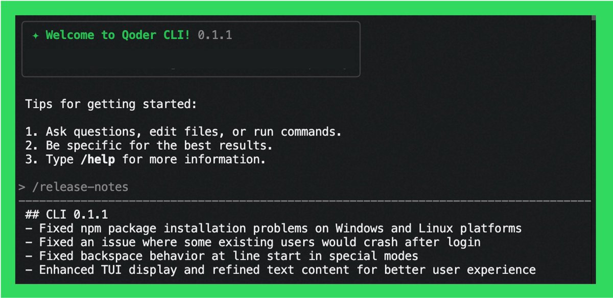 qoder_ai_ide's tweet image. Qoder CLI 0.1.1 just dropped.
Run: `qodercli update`