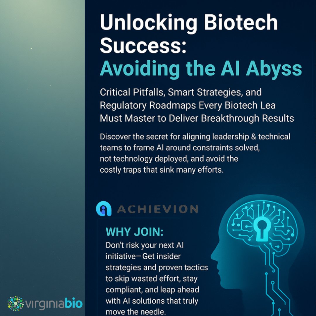 AI can transform #biotech—but only if done right.
Join @VirginiaBio &amp; Achievion Solutions to learn how leaders turn AI pilots into scalable, compliant success stories.
🗓️ Oct 28 | 11AM
🔗 bit.ly/4qfGtMf