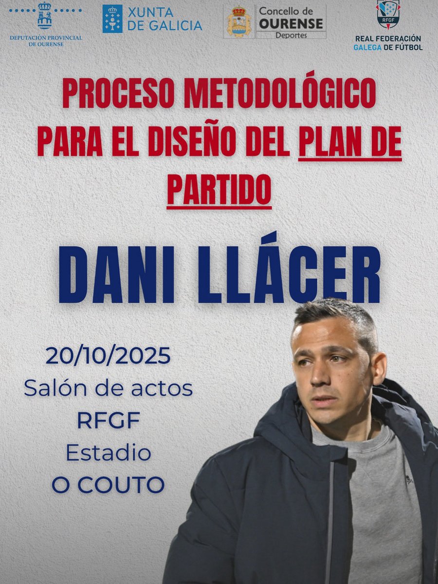 ⚽️ 🔜📋 PROCESO METODOLÓXICO PARA O DESEÑO DO PLAN DE PARTIDO

<a href="/D_llacer15/">Daniel Llácer</a> será o protagonista da primeira charla da tempada en <a href="/afiadorou/">Asociación Entrenadores Afiador</a>
e detallará o proceso que segue para deseñar o plan de partido

🗓️ 20/10/25
⏰ 20:00
📍 Estadio do Couto
<a href="/OurenseConcello/">Concello de Ourense</a> <a href="/DeputacionOU/">Deputación de Ourense</a>