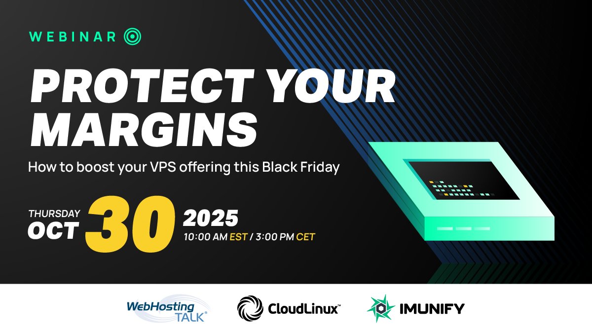 CloudLinuxOS's tweet image. Black Friday: VPS providers drop prices. Margins drop too. This year, do it differently.
👋 Build VPS offers that add value, not discounts.
💡 Up to 55% savings
📅 Oct 30 | 10 AM EST/3 PM CET
👉 Join the webinar: hubs.ly/Q03NYd5w0
#Hosting #VPS #CloudLinux #Imunify360
