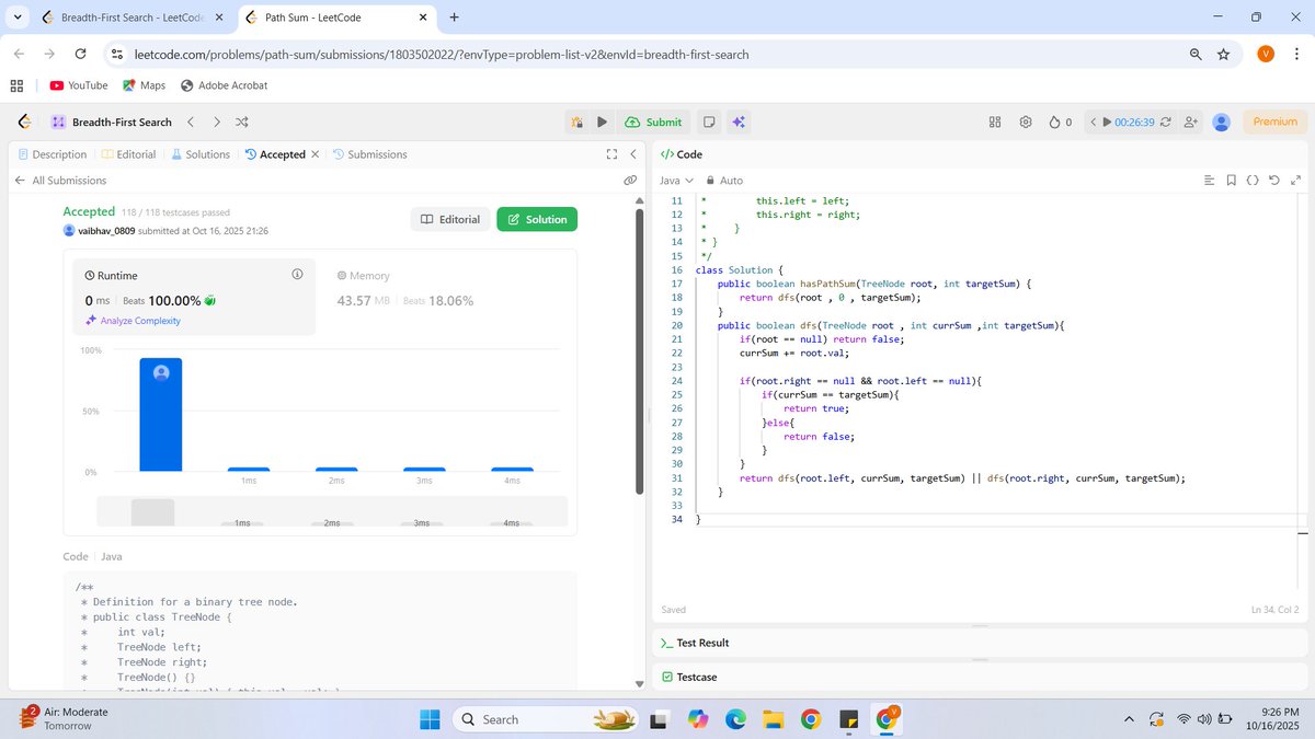DSAwithV's tweet image. #Day 27/100 #100DaysOfCode

Problem Solved: (LeetCode #112) Path Sum

Time Complexity:  O(n)
Space Complexity:   O(1)

#LeetCode #CodingChallenge #100DaysOfCode
#Java #ProblemSolving #DSA #CodeNewbie #Programmer
#CodingJourney #LearnToCode #developer