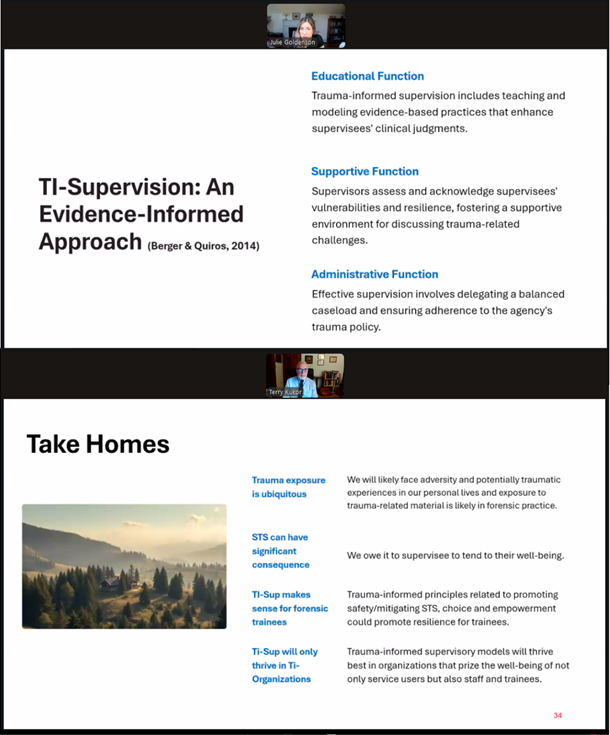 This week <a href="/DrGoldenson/">Dr. Julie Goldenson</a> and Dr. Kukor presented on Trauma-Informed Supervision (Goldenson et al., 2025) at UNM’s Law &amp; Mental Health Webinar Series. Forensic psychologists are often exposed to potentially traumatic experiences. Thus, TI-supervision is just as important as TI-care.