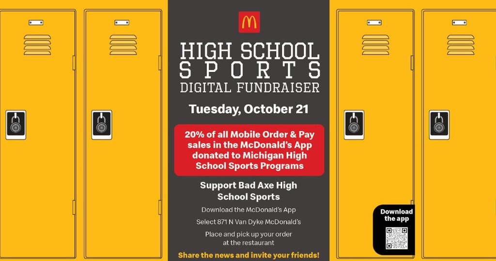 On Tuesday, October 21, 20% of every McDonald's order - made via the McDonald's app - will be donated to our school's athletic department! 

Scan the QR code below to download the app - only valid at the Bad Axe location.