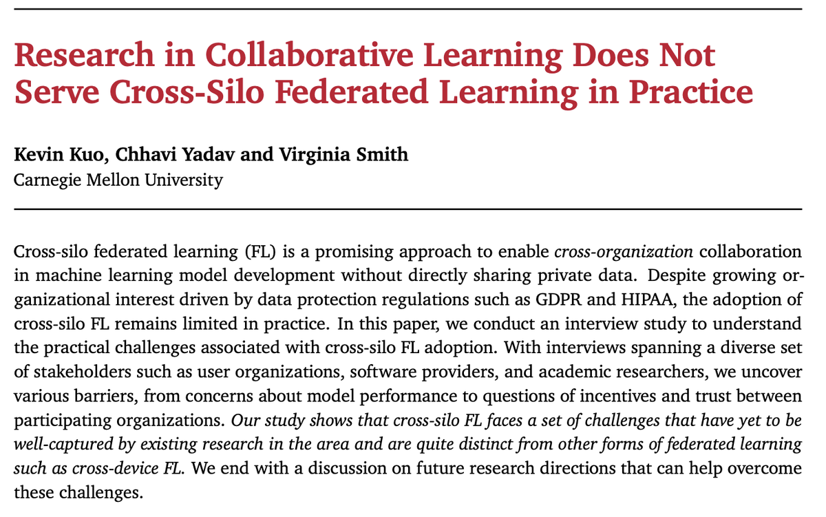 chhaviyadav_'s tweet image. 🚀 Federated Learning (FL) promises collaboration without data sharing. While Cross-Device FL is a success and deployed widely in industry, we don’t see Cross-Silo FL (collaboration between organizations) taking off despite huge demand and interest.
Why could this be the case? 🤔…