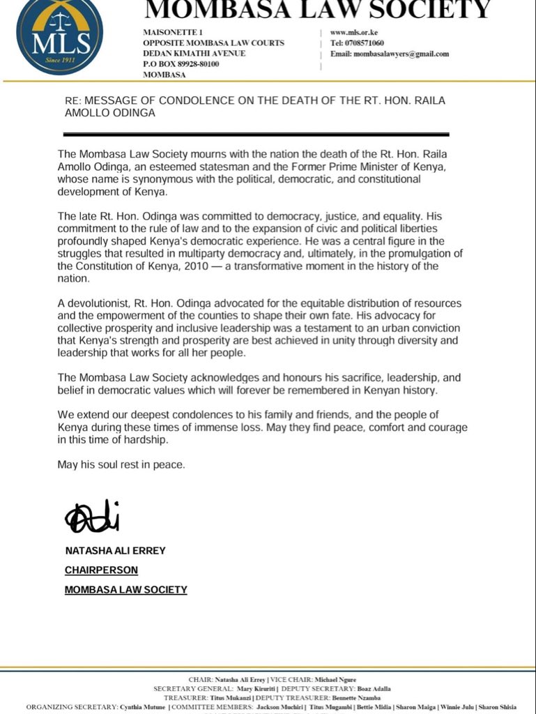 The Mombasa Law Society joins the nation in mourning the passing of Rt. Hon. Raila Amollo Odinga a statesman whose legacy of democracy, justice, and equality will forever shape Kenya’s history.