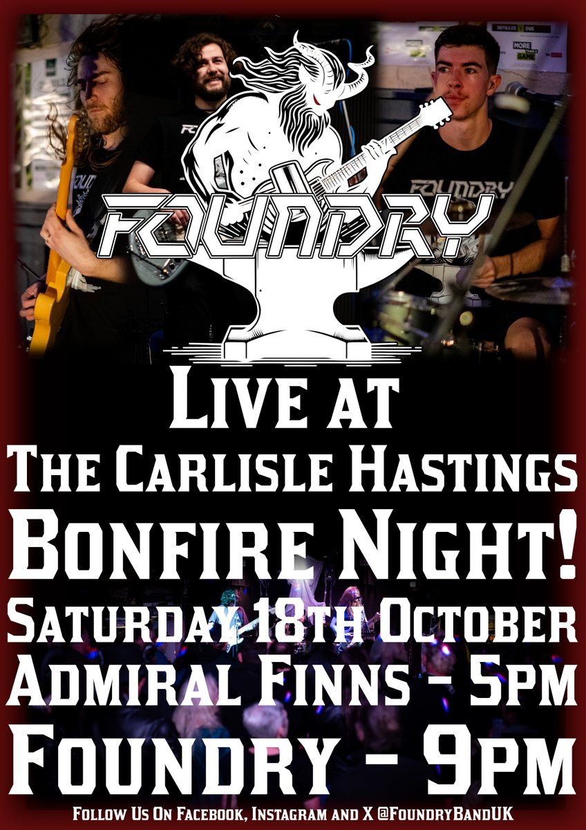 It's the big one coming up this Saturday (18/10/25).
Bonfire night at The Carlisle in Hastings!
Admiral Finns at 5pm then Foundry at 9pm.
See you there!
fb.me/e/6G64x5irV
