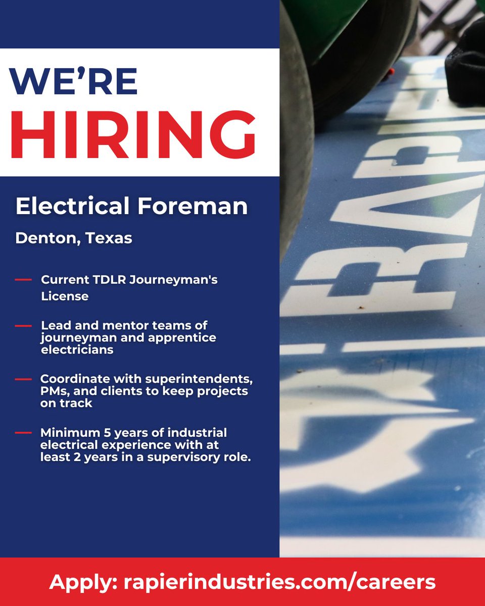RAPIER_Inds's tweet photo. Your next big career move starts here. 🚀
RAPIER is expanding and searching for leaders, problem-solvers, and builders to take on pivotal roles in Rockwall and Denton.
Explore open roles today! https://t.co/wbvcW9hiTu 
#GrowWithRapier #NowHiring #ElectricalJobs https://t.co/zCAdeCmikm