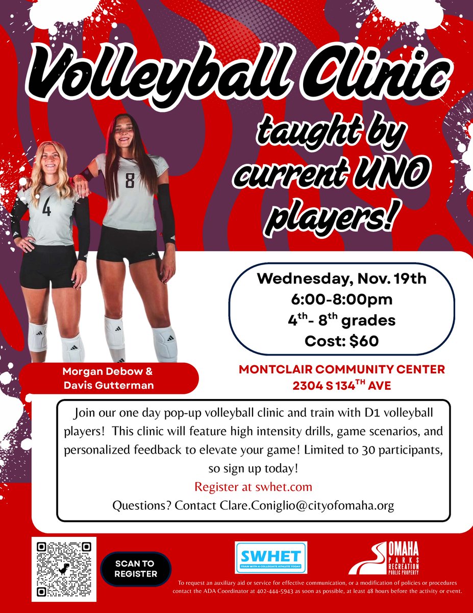 Sign up for our pop-up volleyball clinic with two UNO volleyball players! There will be high intensity drills, game scenarios, and personalized feedback to elevate your game! For 4th-8th graders. 🏐

📅 Nov. 19th
🕕 6-8pm
📍 Montclair
💲 $60

Sign up: swhet.com
