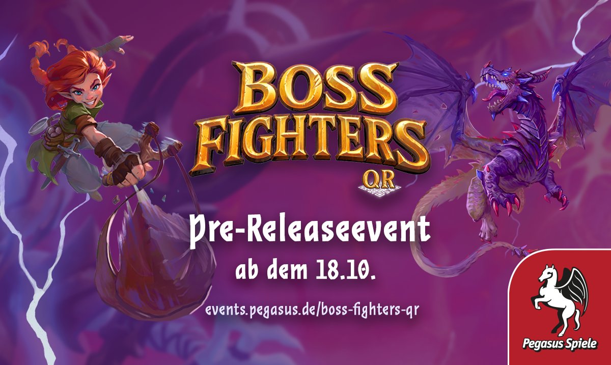 Ihr habt Lust BOSS FIGHTERS QR zu zocken? Perfekt! Vom 18.- 26.10. könnt ihr noch vor dem offiziellen Release das kooperative Kampagnenspiel in verschiedenen Spieleläden kennenlernen.

Mehr Infos auf: events.pegasus.de/boss-fighters-…