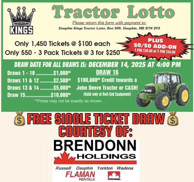 🚜DAUPHIN KINGS TRACTOR LOTTO TICKET SALES BEGIN AT THIS SATURDAY’S GAME!!!🚜

Everyone that buys a ticket is entered into a free single ticket draw thanks to Brendonn Holdings!

#MJHL #ForTheCrown 👑💵